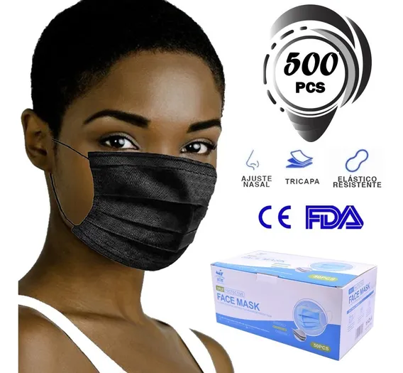 500 Cubrebocas Tricapa Termosellado Mascarilla Adulto Negro